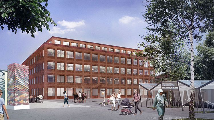 Framtidsskiss med byggnaden i dess miljö.